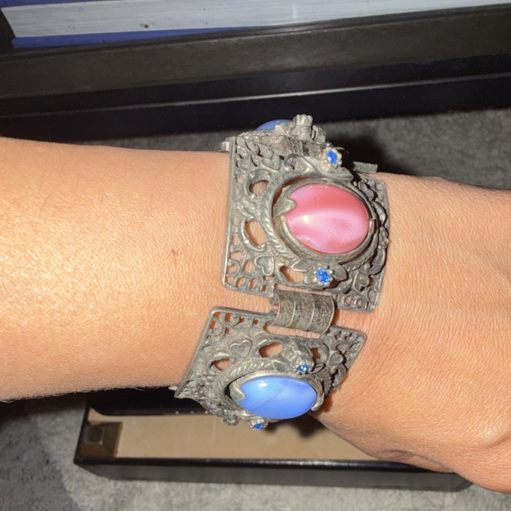 Vintage Mid-Century Statement Bracelet Ornate Panel Spinner Moonstone Silver